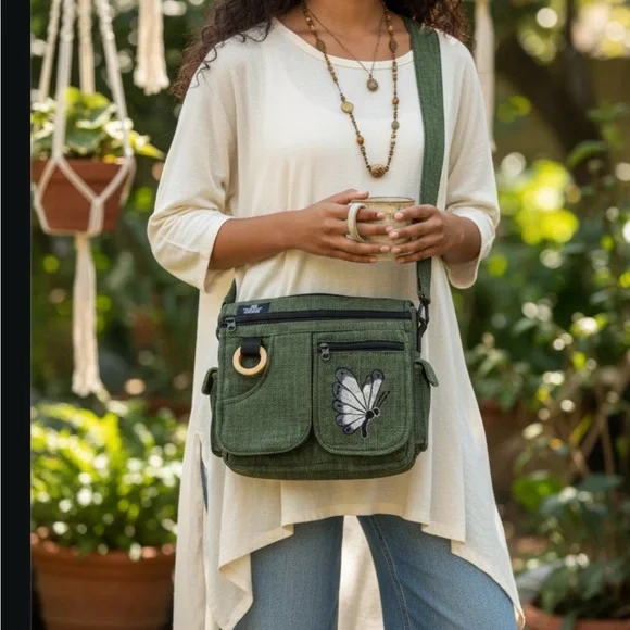Elegant Green Crossbody Bag with Butterfly Embroidery, Handmade Ethical Bag - Picture 2 of 15